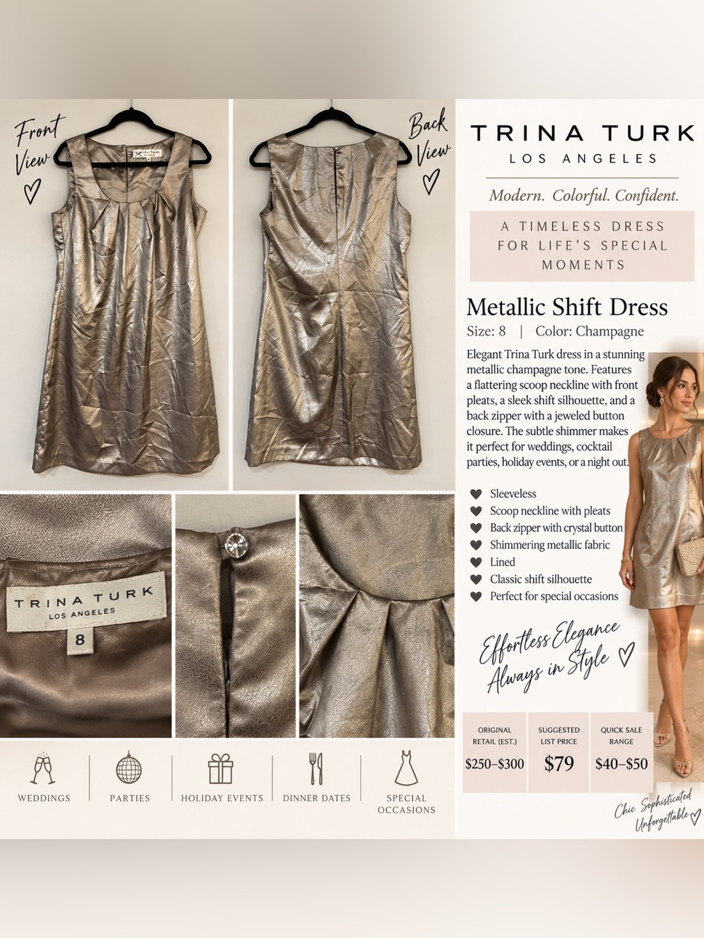 Trina Turk Metallic Champagne Sleeveless Shift Cocktail Dress Size 8